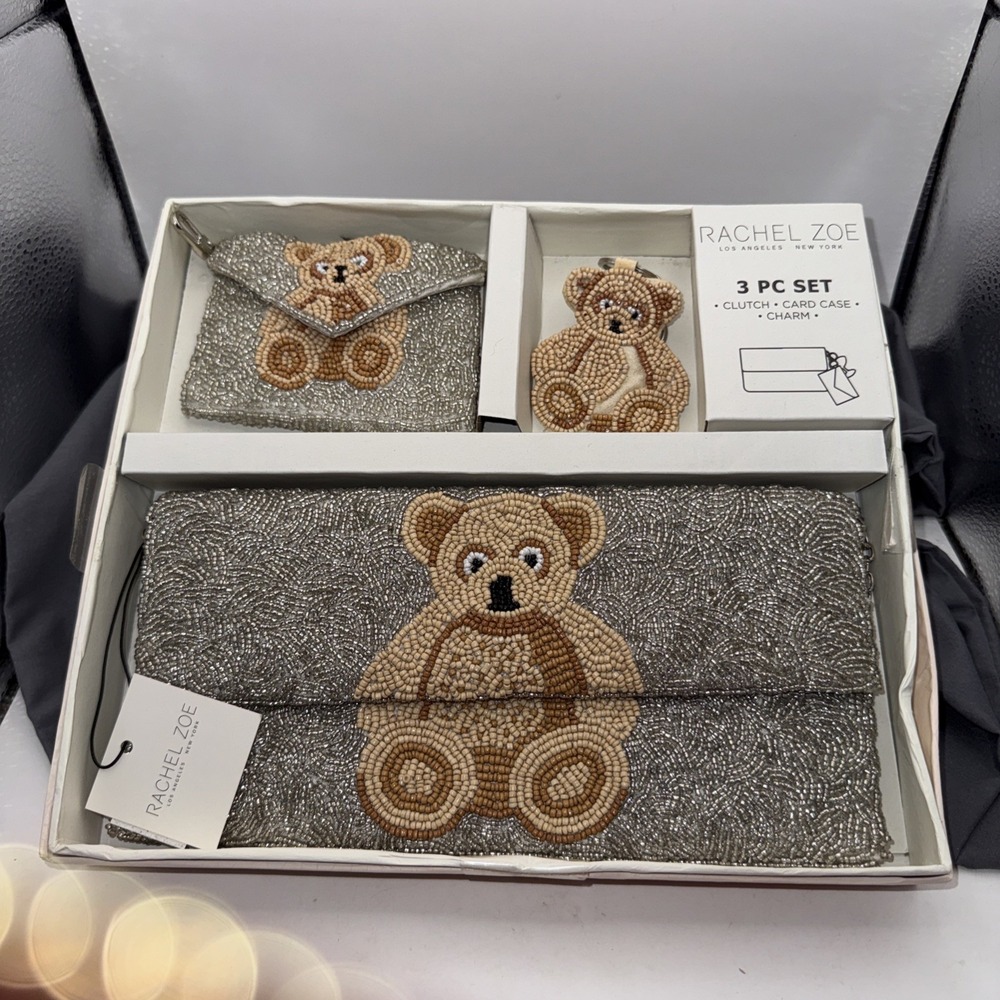 Rachel Zoe Teddy Bear Beaded Shoulder Bag, Wallet and Key Chain 3-Piece Set